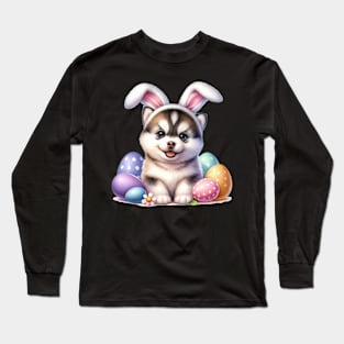 Puppy Siberian Husky Bunny Ears Easter Eggs Happy Easter Day Long Sleeve T-Shirt